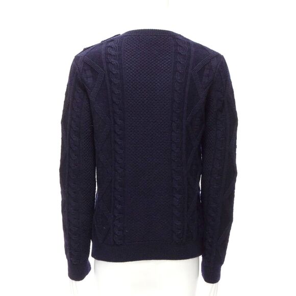 APC Navy Blue 100% Wool Cable Knit Crewneck Sweater Men’s Small Button Shoulder - Picture 4 of 10